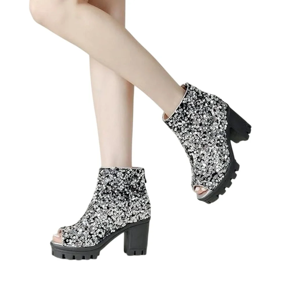 Silver Sequin Peep Toe Fairy Grunge Whimsigoth Sparkle Platform Lug Sole Boots 9